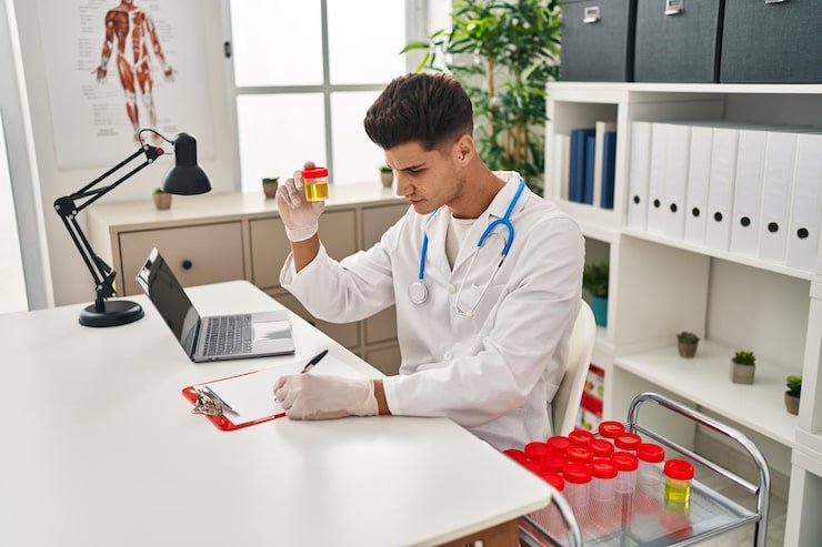 Lab professional analyzing a urine test tube